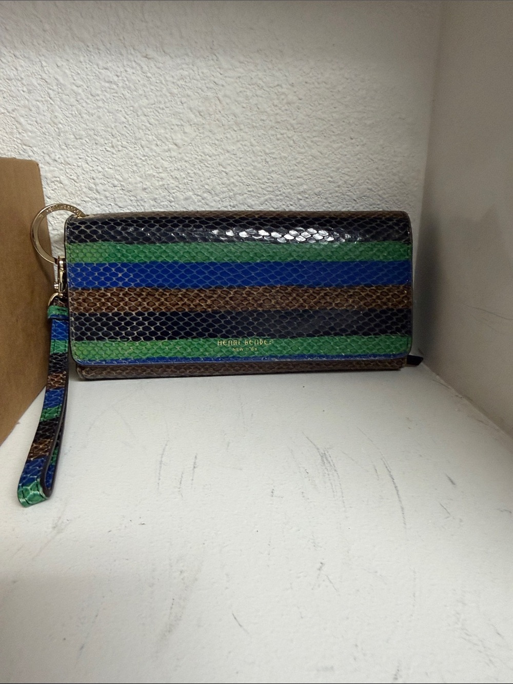 henri bendel Striped Snake-Embossed Wristlet in Blue, Green, Brown, Black